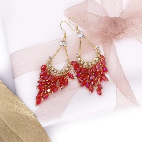 Miniatura 3 de LAXPICOL Pendientes largos bohemios de moda pendientes de cristal transparente con gancho de pez para mujer, tono dorado