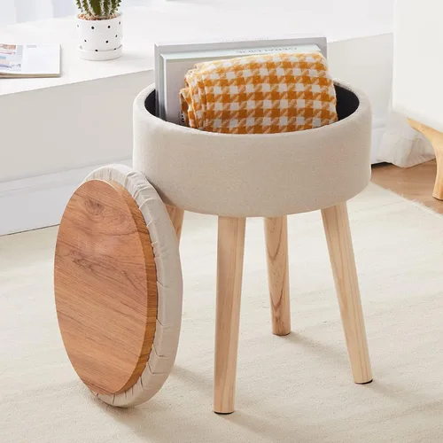 Miniatura 10 de Otomana de Almacenamiento Taburete, Taburete de Tocador Redondo de Terciopelo Teddy, Taburete con Bandeja Superior y Patas de Madera, Otomana