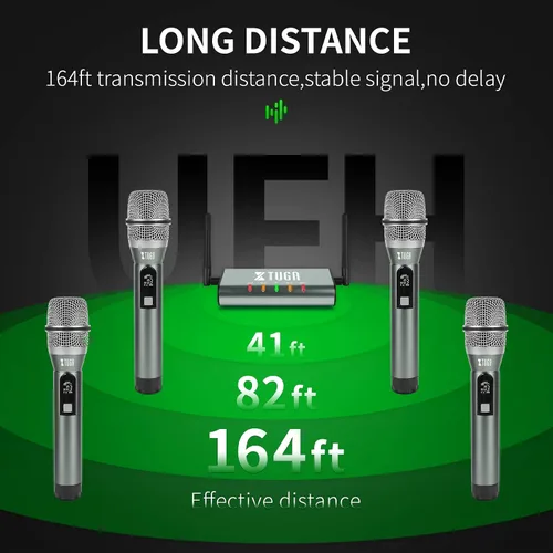 Miniatura 3 de XTUGA Sistema de micrófono inalámbrico UHF de 4 canales, Plug and Play, micrófonos de mano de metal con rango de 164 pies, mini receptor
