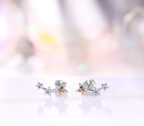 Miniatura 3 de Aretes de plata de ley 925 con estrellas, coloridos aretes de circonita cúbica, hipoalergénicos, para niñas y mujeres, en caja de regalo, Plata