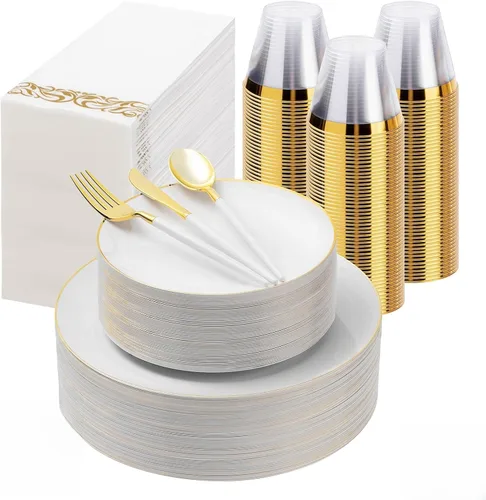 Miniatura 9 de 175 Piezas Juego de Vajilla de Plástico Verde Dorado, Platos Desechables Dorados para Fiesta, Incluye 50 Platos Verdes con 75 Cubiertos de Plástico