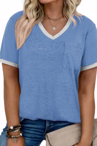 Miniatura 64 de Eytino Blusas de talla grande para mujer, cuello en V, manga corta, a rayas, casual, holgada, con bolsillo (1X-5X)