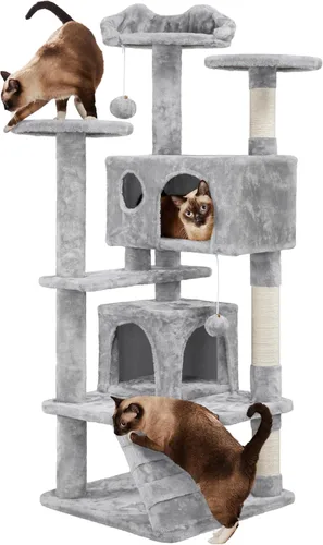 Yaheetech - Torre de árbol para gatos de 54 pulgadas, con postes para arañar, condominios dobles y bolas colgantes, para gatitos, casa de juegos