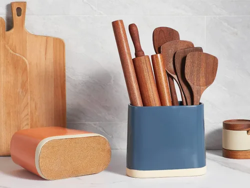 Miniatura 4 de ONEMORE Utensilios de cerámica grande con tapete de corcho, soporte ovalado para utensilios de cocina para encimera, organizador de utensilios