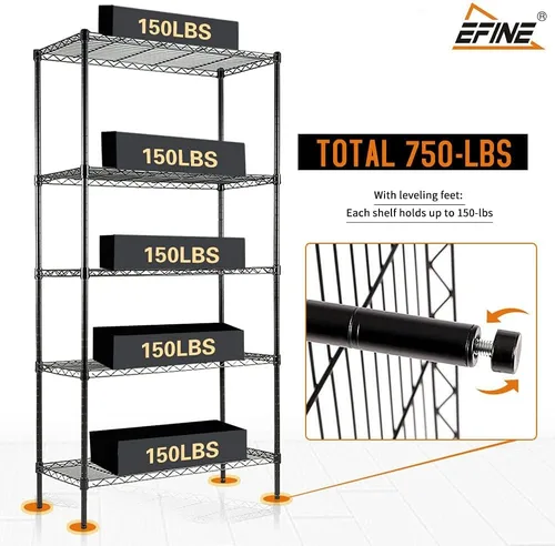 Miniatura 5 de EFINE - Estantería de 5 estantes con forros para estantes, ajustables, estantes de alambre de metal, capacidad de carga de 150 libras por estante