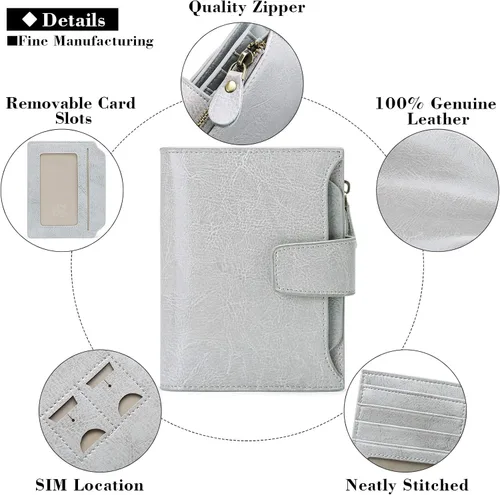 Miniatura 5 de FALAN MULE - Cartera de cuero auténtico para mujer, pequeña, plegable y compacta, con bloqueo de interferencia de radiofrecuencia (RFID)