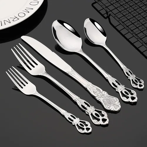 Miniatura 2 de JASHII Juego de cubiertos de acero inoxidable 304 estilo antiguo, 20 piezas de servicio para 4 vajillas plateadas con cuchillos, cucharas, plateado