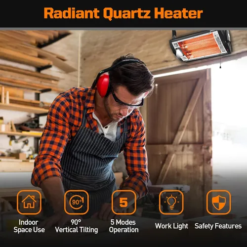 Miniatura 2 de shinic Calentadores eléctricos de garaje para uso en interiores, calentador de cuarzo radiante montado en el techo de 1500 W/750 W con luz