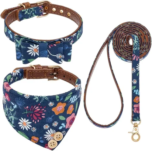 Miniatura 12 de EXPAWLORER Juego de collar y correa para perro - Corbata de moño clásica a cuadros para perro y collar bandana para perro con campana, correa