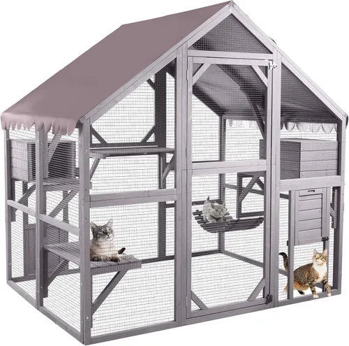 Miniatura 14 de Aivituvin Catio - Recinto para gatos al aire libre con 7 plataformas, 2 cajas de descanso, casa para gatos con ventana grande para 4-6 gatos Gris