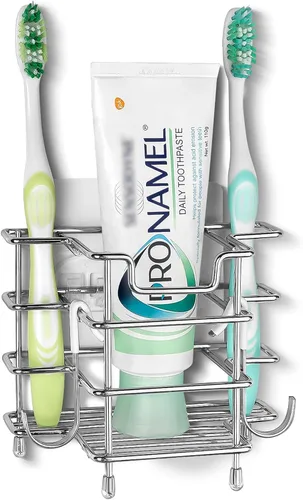 Miniatura 7 de Linkidea - Soporte para cepillos de dientes para ducha, soporte de cepillo de acero inoxidable, soporte para encimera/pared, organizador de 3 Negro