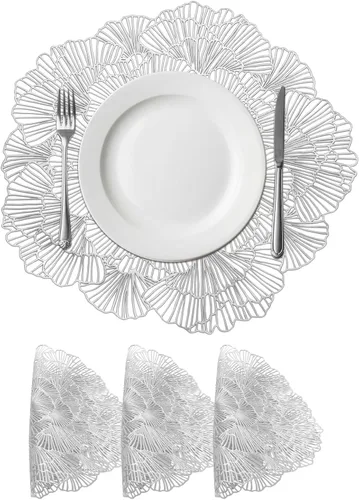 Miniatura 11 de uxcell Juego de 4 manteles individuales redondos de flores rojas para mesas de cena, manteles individuales metálicos de polivinilo prensado