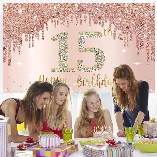 Miniatura 5 de Cartel de feliz cumpleaños número 15 para niñas, decoración de fondo de oro rosa para fiesta de cumpleaños número 15, póster de cumpleaños rosa