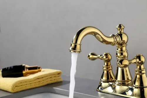 Miniatura 5 de Llave de baño de latón pulido de dos asas de 3 agujeros con conjunto de drenaje emergente, llave de lavamanos clásico de 4 pulgadas con caño