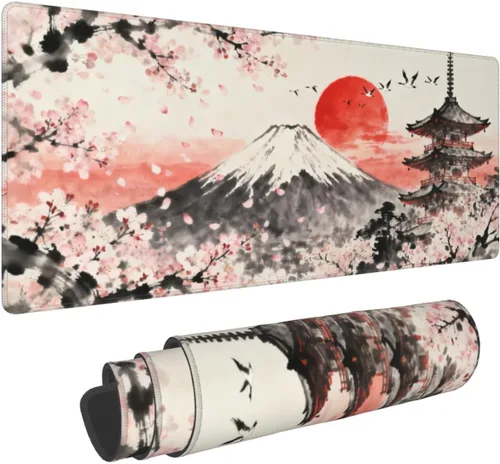 Miniatura 7 de Alfombrilla de mouse para juegos de acuarela japonesa negra y blanca con flor de cerezo de 35.4 x 15.7 pulgadas, XXL extendida, alfombrilla de mouse