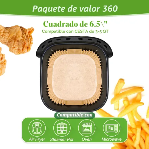 Miniatura 2 de 360 piezas de 16,5 cm de lado forros desechables para freidora de aire, papel de pergamino sin blanquear y resistente para freidora de aire, sin