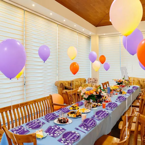 Miniatura 7 de 96 piezas de suministros para fiesta de cumpleaños morado, platos de papel, servilletas, juego de vajilla de feliz cumpleaños morado plateado, cena