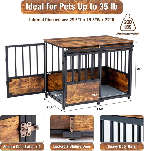Miniatura 7 de KOOPRO Mueble de jaula para perros de 32 pulgadas con cojín para perros grandes y medianos, perrera de madera resistente con puertas dobles, jaula