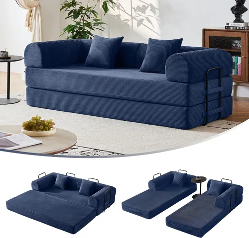 Sofá cama convertible 5 en 1, espuma de alta densidad de 79 pulgadas con asiento de felpa y reposabrazos rectos, cama plegable sin montaje para sala