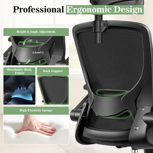 Miniatura 6 de BESTFAIR Silla de oficina ergonómica, sillas de oficina de malla transpirable con soporte lumbar ajustable, brazos abatibles, silla de escritorio