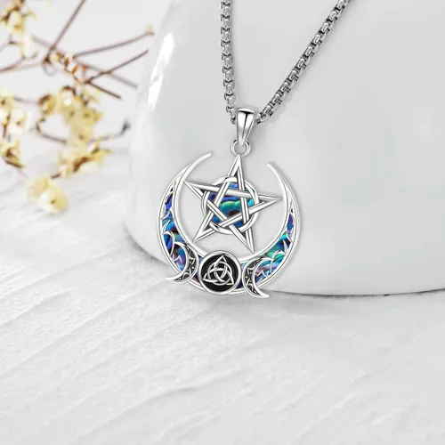 Miniatura 208 de Collar de pentagrama de plata de ley con triple luna, diosa celta, nudo celta, nudo de brujas, Ankh, sol y luna, Hécate, lilith, Santa Muerte