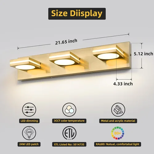 Miniatura 3 de OKELI Lámpara LED de tocador de baño de 3 luces, accesorios de iluminación de pared de baño modernos dorados sobre espejo (3CCT, 3000K-6000K)