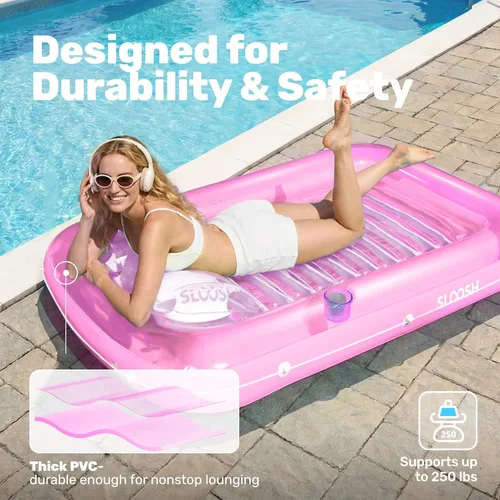 Miniatura 5 de Flotador inflable para piscina de bronceado Sloosh, 70" x 46" flotadores de piscina, tamaño adulto con almohada, 4 en 1 balsa de baño de bronceado