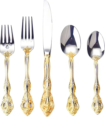 Juego de cubiertos dorados de 20 piezas para acero inoxidable 4, 18/10, mango dorado de Michelangelo, pulido para lavavajillas, juego de utensilios