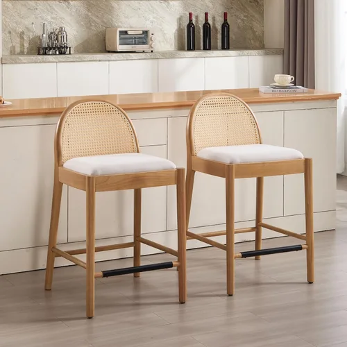 Miniatura 12 de HEAH-YO Taburetes de bar de ratán, juego de 2, taburetes de barra de 26 pulgadas de altura de mostrador con respaldos de ratán y patas de madera