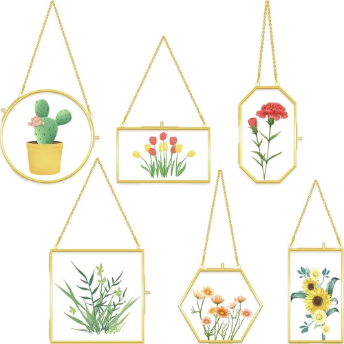Miniatura 7 de Tuanse 6 marcos de vidrio de latón para flores prensadas, transparente de doble vidrio flotante, marcos de fotos colgantes con cadena