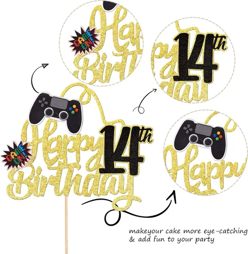 Miniatura 3 de 1 PCS Decoración para Pastel de Videojuegos Feliz Cumpleaños 14 con Purpurina, Palillo Decorativo de Pastel de Videojuegos Game On Controladores