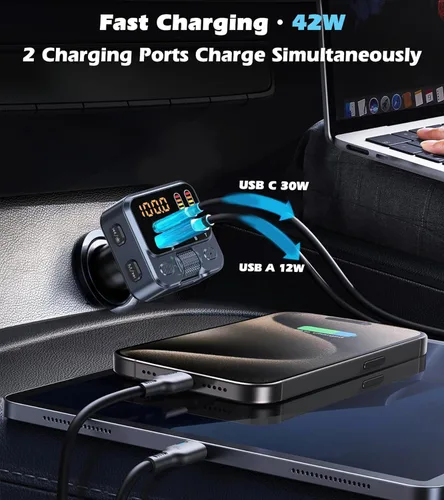 Miniatura 2 de Adaptador Bluetooth 5.3 para automóvil con transmisor FM y carga rápida PD de 42 W, receptor de música inalámbrico AUX/USB, llamadas manos libres