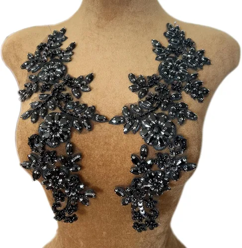 1 par de decoraciones de vestido de novia de 5.1 x 13.4 in, parches de encaje para coser con cuentas de diamantes de imitación sueltas, piedras para