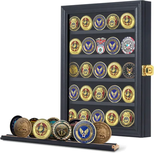 Miniatura 13 de Jinchuan Expositor de Monedas Militares con Cerradura, Gabinete de Exhibición, Caja de Sombra con Estantes Desmontables de 2 Ranuras y Vidrio