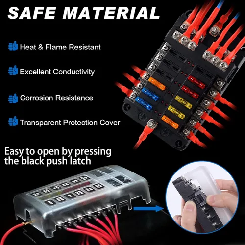 Miniatura 2 de Bloque de fusibles, soporte de caja de fusibles de 12 V con indicador LED, cubierta impermeable, panel Cyrico de 12 circuitos con bus negativo