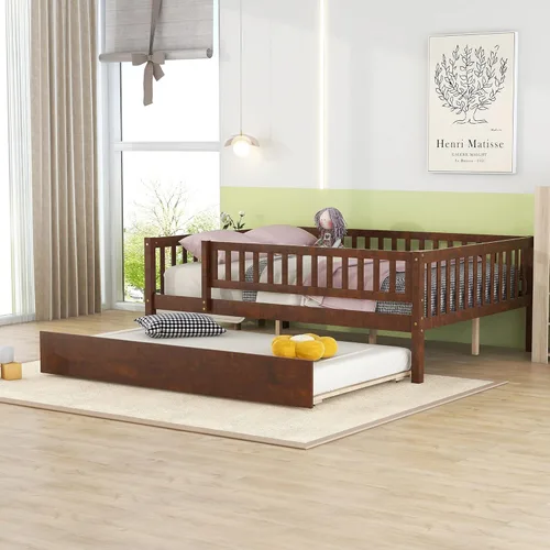 Harper & Bright Designs Cama diván Full con cama nido, marco de cama nido de madera Full con barandas de seguridad, cama Full Montessori para Nuez