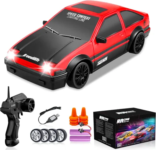 RC Drift Car, 1:24 Coches de Control Remoto 2.4GHz 4WD Coches de Deriva RC de Alta Velocidad con Luz LED Neumáticos de Deriva Neumáticos de Carrera