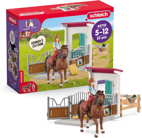 Schleich Horse Club - Juego de juguetes de caballo de 25 piezas Hannah y Cayenne con caballeriza y accesorios - Etiqueta de nombre de establo