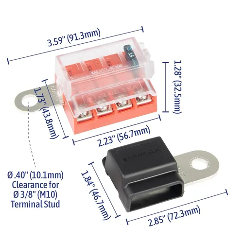 Miniatura 5 de Blue Sea Systems Kit de circuito de 4 vías, bloque de fusibles de cuchilla ST 5024, montaje en terminal de batería, 100 amperios Con tapa.