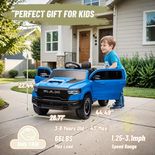Miniatura 3 de YOFE Ram 1500 RHO - Auto de paseo para niños, camión eléctrico de 12 V con control remoto, auto de juguete para niños con ventanas elevadas, Azul