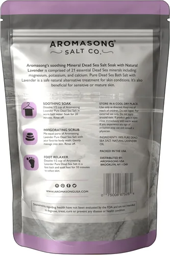 Miniatura 8 de Aromasong Sal pura del mar muerto para remojar con lavanda 100% natural, 5 libras, sal de baño de spa de grano fino, exfoliante de lavado corporal