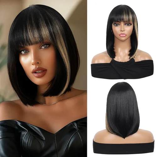 Miniatura 13 de Kalyss - Pelucas cortas de cabello negro con flequillo para mujer, peluca de cabello sintético completo, resistente al calor, peluca corta y recta