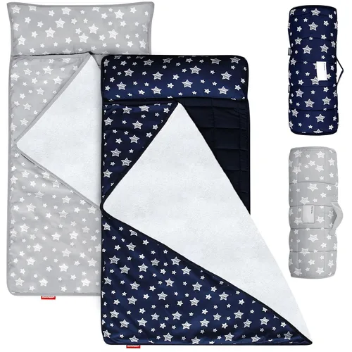 Miniatura 12 de Moonsea Tapete para siesta para niños pequeños con almohada y manta de vellón Minky gris, ligero y suave, perfecto para niños de preescolar