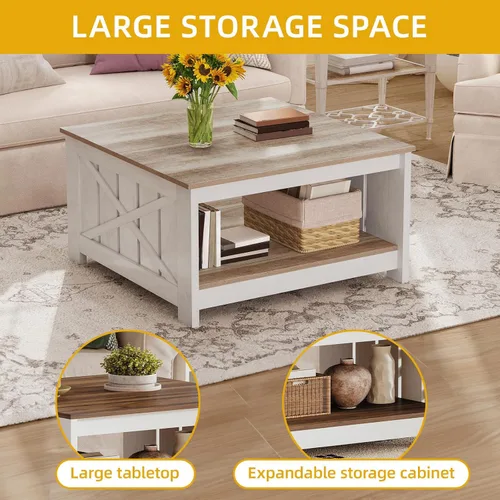 Miniatura 4 de Mesa de café cuadrada DWVO para sala de estar, mesa de café de casa de campo con almacenamiento, mesas de café de madera de 2 niveles mesa central