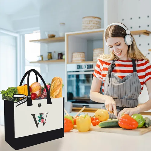 Miniatura 88 de Bolsa de lona con inicial, regalos de cumpleaños personalizados para mujeres, madres, amigas y profesoras, bolsas de mano con monograma adecuadas