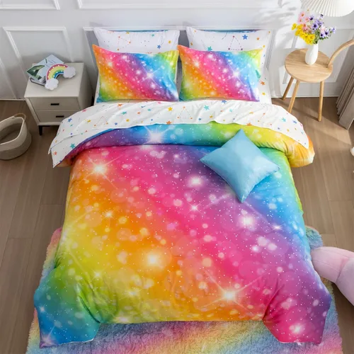 Miniatura 13 de A Nice Night Juego de Edredón para Niñas Tamaño Twin 6 Piezas Cama en una Bolsa Ropa de Cama 3D Colorida Brillante Galaxia Arcoíris
