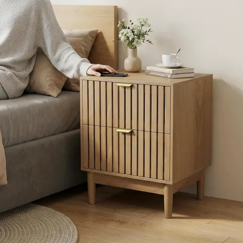 Miniatura 3 de Wood Nightstand Set of 2, Modern Bedside Table with Grille Design, End Side Table with 2 Drawers Storage for Living Room, Bedroom, Oak