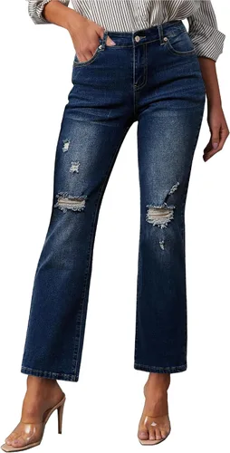 GRAPENT Jeans para mujer de cintura alta, desgastados, pierna recta, rasgados, elásticos, pantalones de mezclilla occidentales, traje de los años 90
