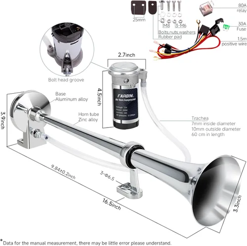 Miniatura 6 de FARBIN - Bocina de aire de 12 V/24 V, 150 dB, súper potente, bocina para automóvil, zinc cromado, bocina de aire de doble trompeta con compresor