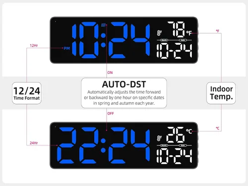 Miniatura 5 de Reloj de pared LED digital grande con fecha, temperatura, brillo automático, DST automático Gran reloj digital para dormitorio, escritorio, aula